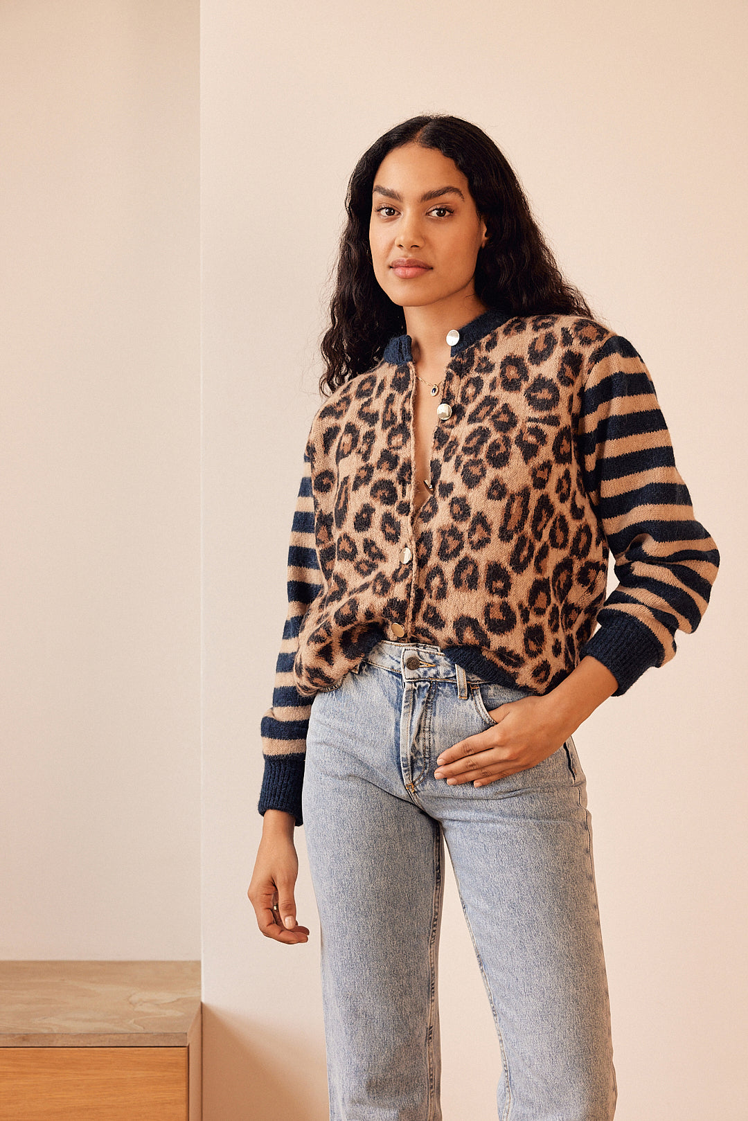 Blue and leopard striped Idole cardigan