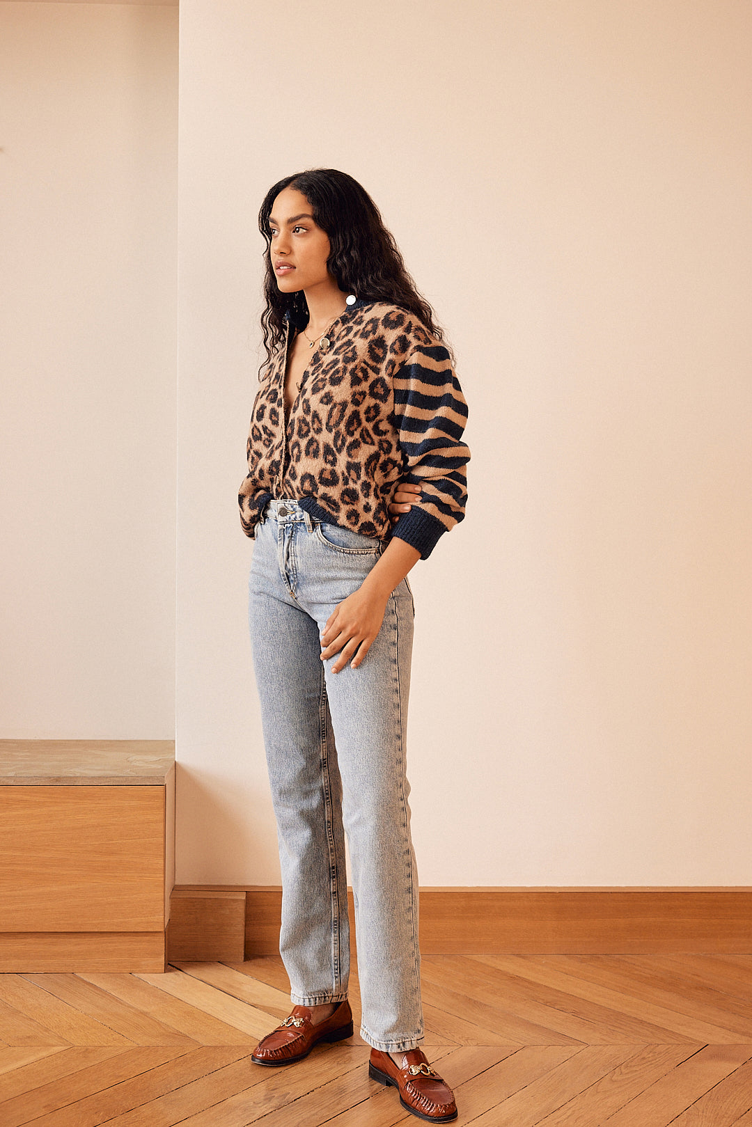 Blue and leopard striped Idole cardigan