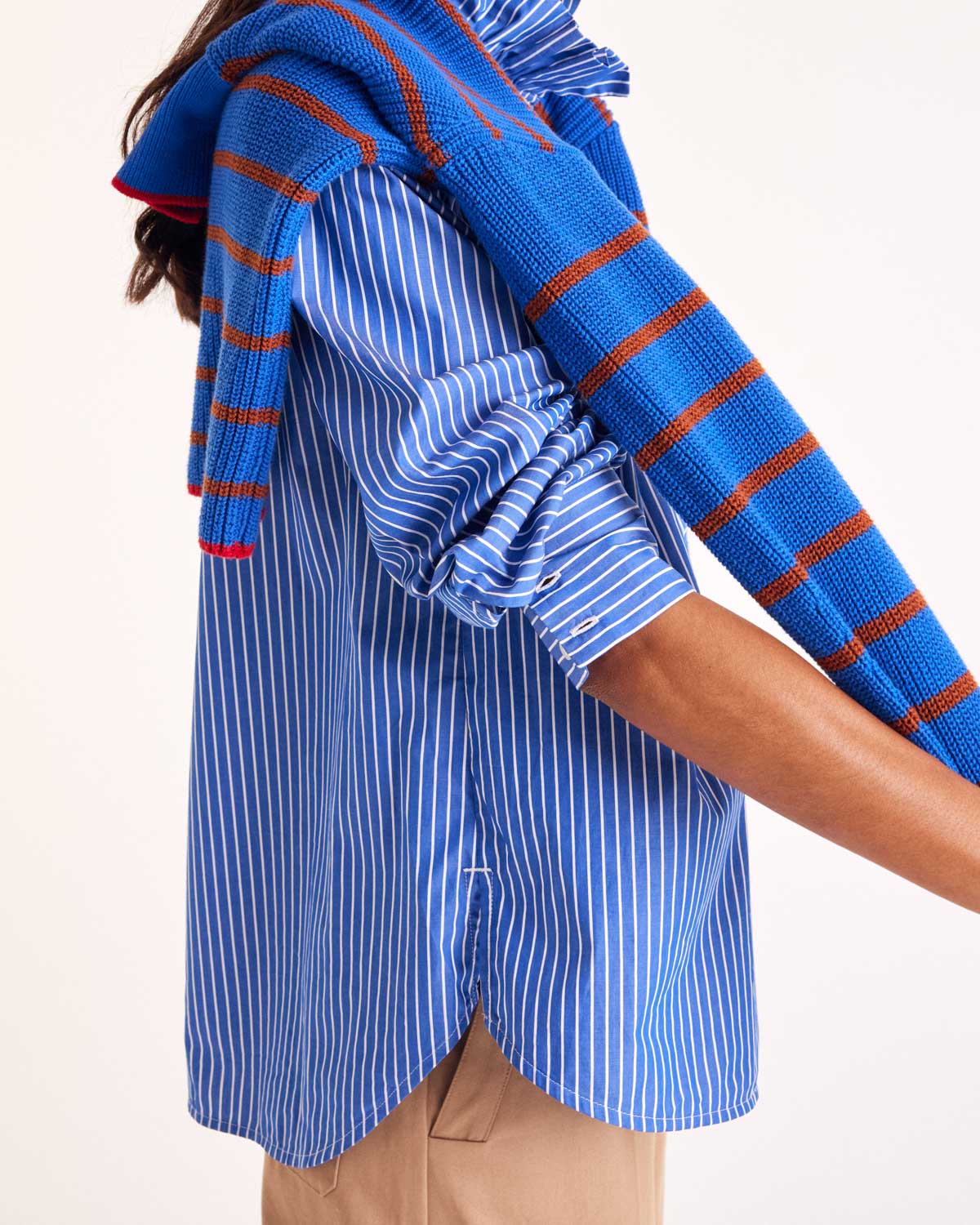 Gustave sweater with blue, cinnamon and red stripes