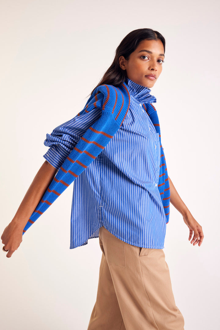 Gustave sweater with blue, cinnamon and red stripes