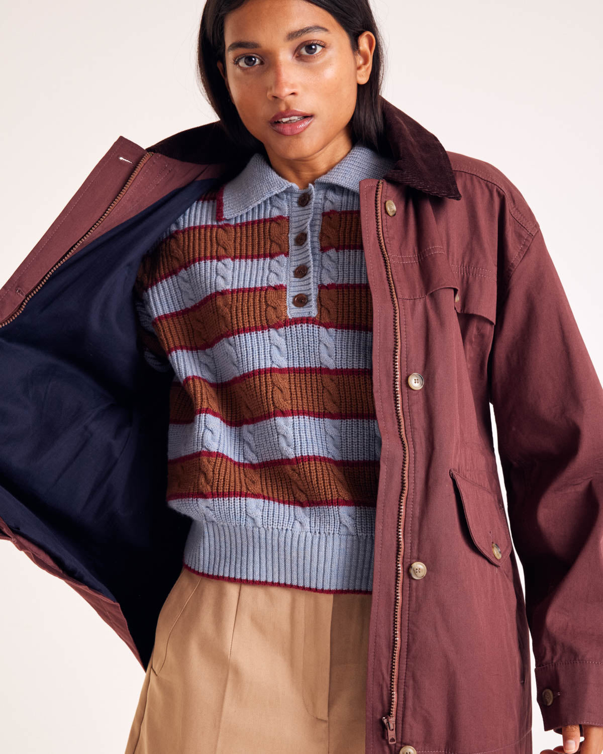 Isidore sweater with blue, cinnamon and burgundy stripes