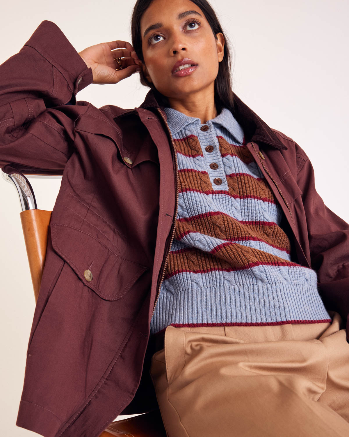 Isidore sweater with blue, cinnamon and burgundy stripes