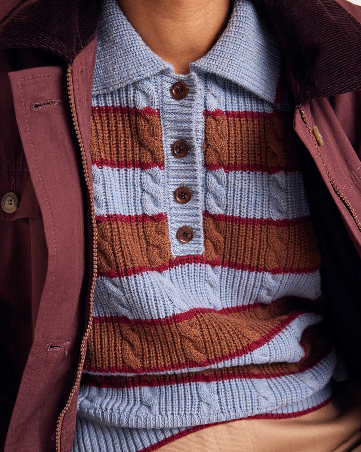 Isidore sweater with blue, cinnamon and burgundy stripes