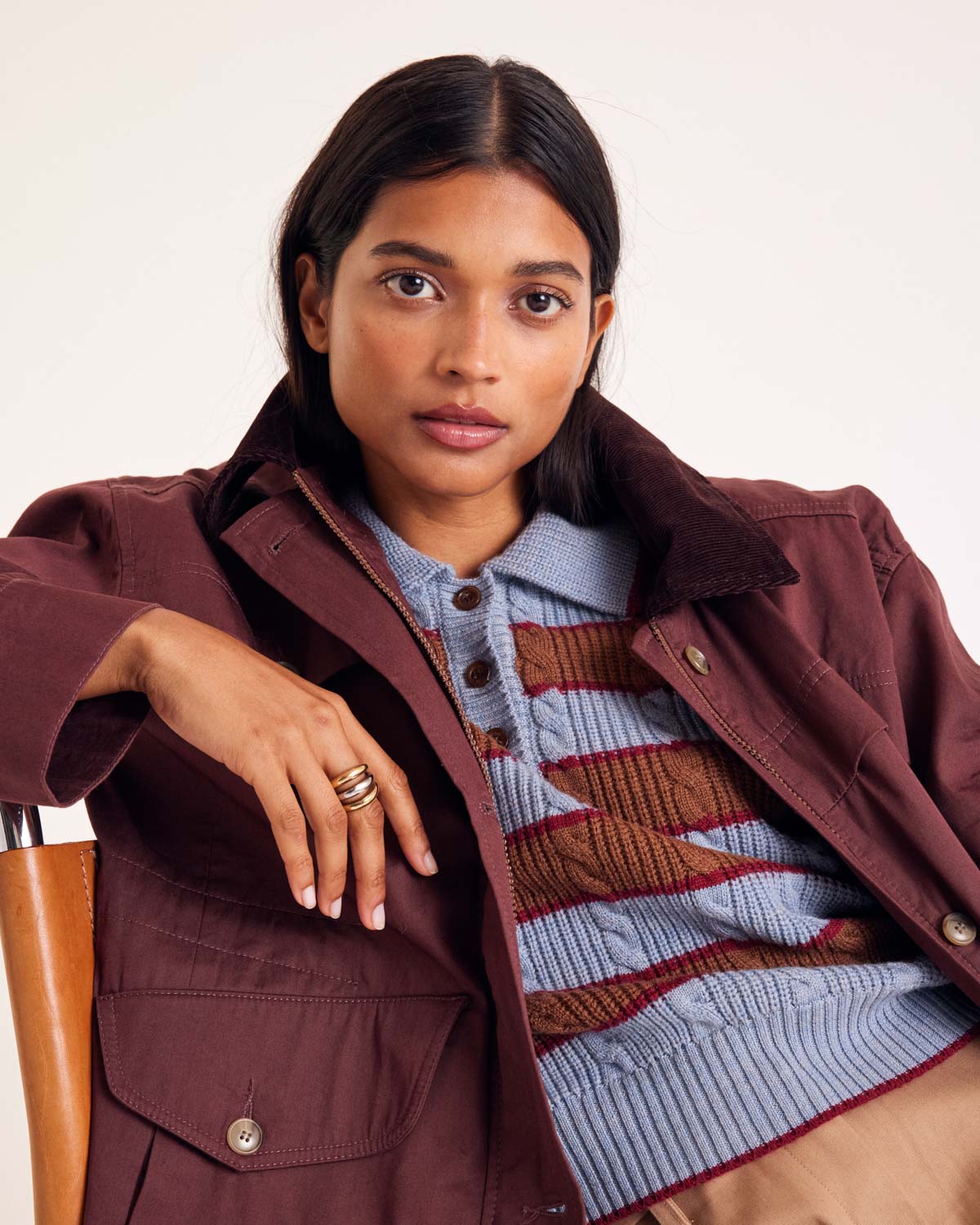 Isidore sweater with blue, cinnamon and burgundy stripes