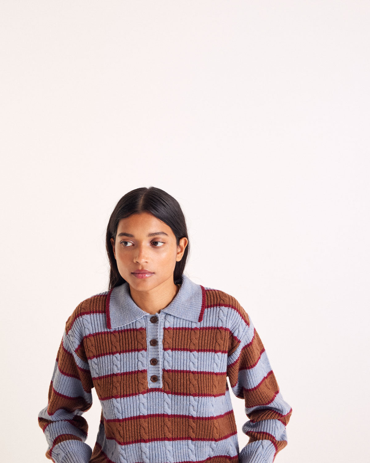 Isidore sweater with blue, cinnamon and burgundy stripes