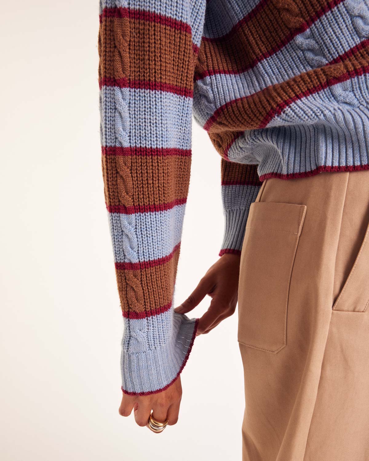 Isidore sweater with blue, cinnamon and burgundy stripes