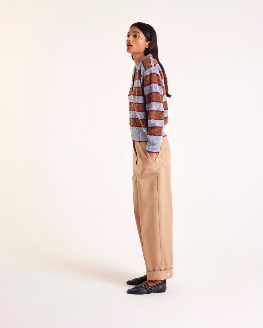 Isidore sweater with blue, cinnamon and burgundy stripes