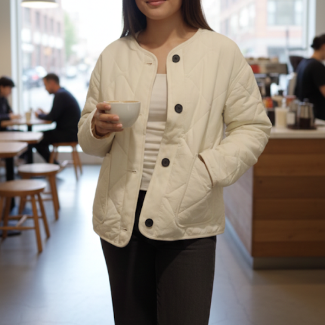 Danielle – Veste courte élégante à col rond et boutonnage simple