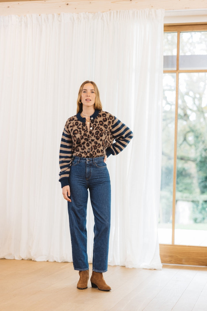 Blue and leopard striped Idole cardigan