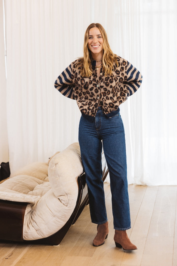Blue and leopard striped Idole cardigan