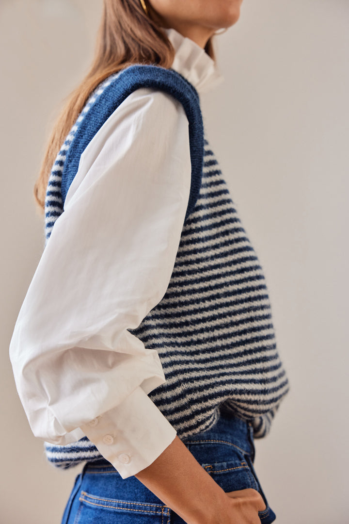 Blue and white striped blason sweater