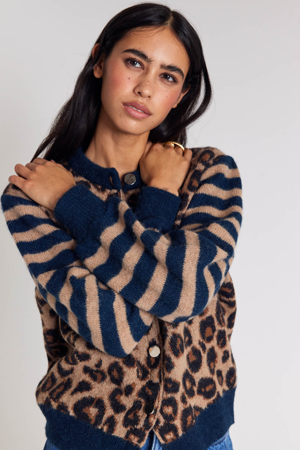 Blue and leopard striped Idole cardigan