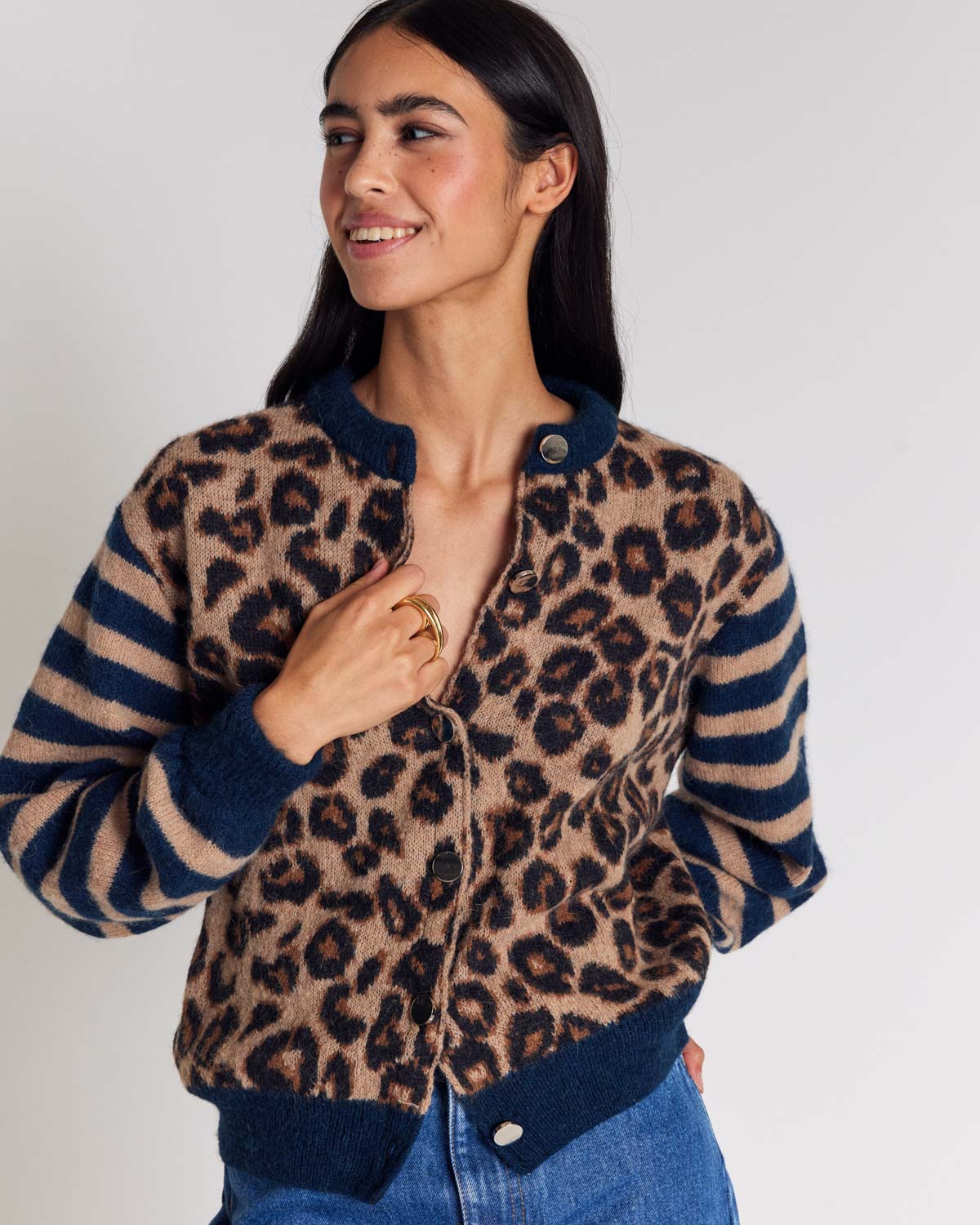 Blue and leopard striped Idole cardigan