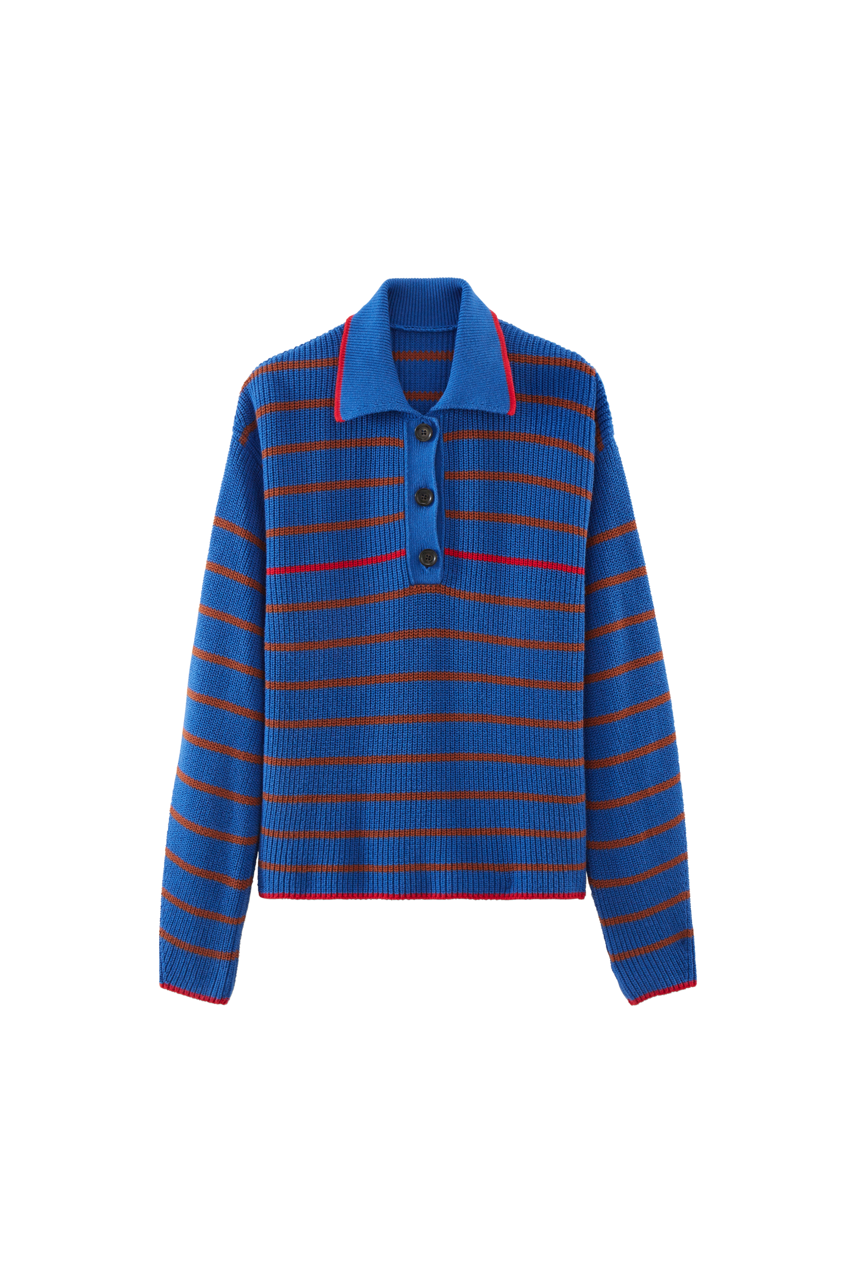 Gustave sweater with blue, cinnamon and red stripes