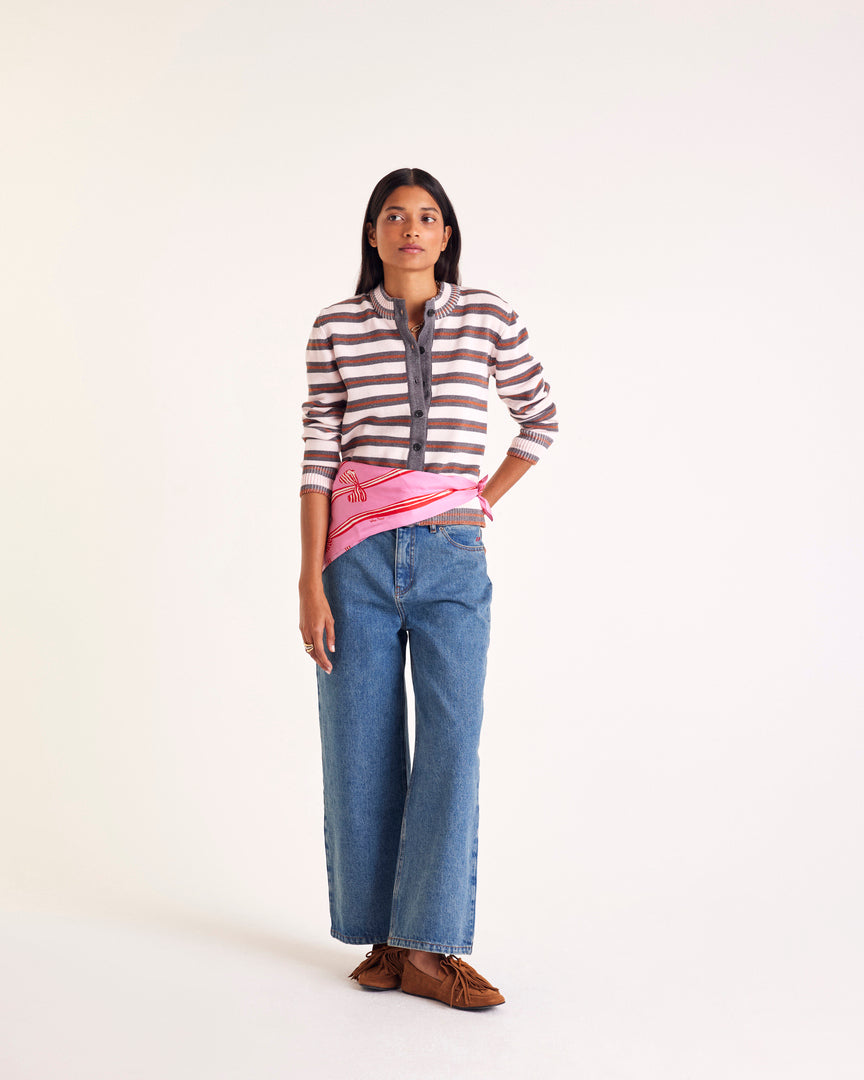 Clarisse cardigan in gray, pink and cinnamon stripes