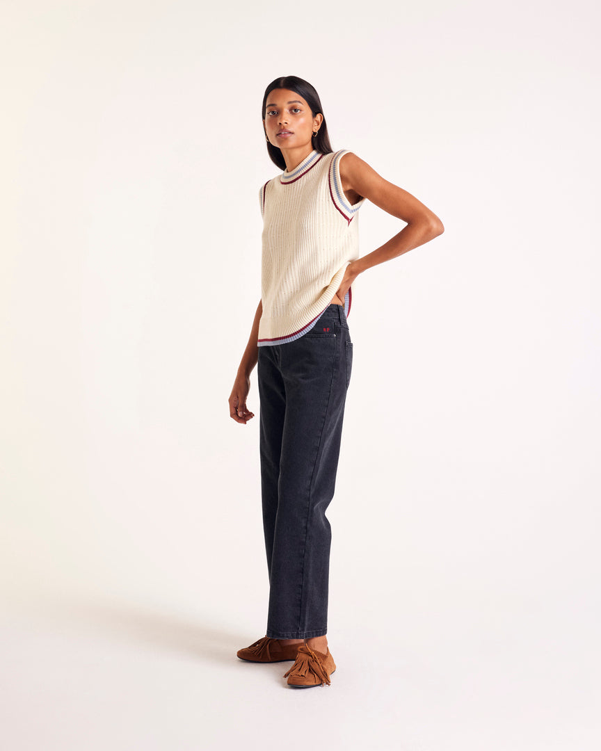 Ecru Pearl sweater with blue and red trim