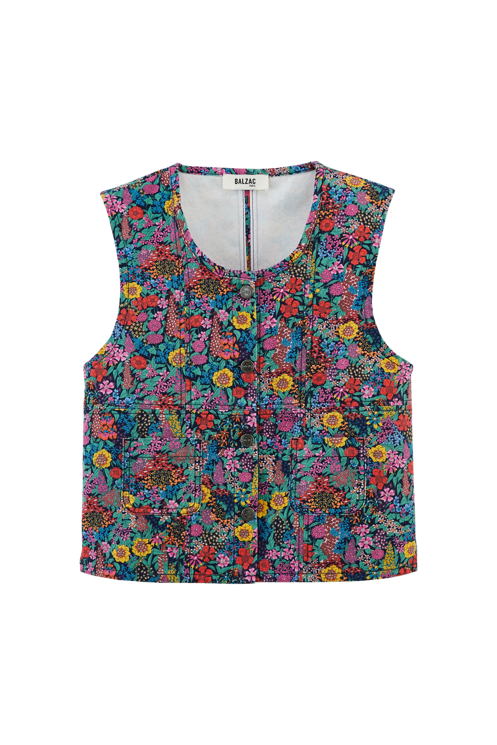 Mike vest in purple, yellow and pink Liberty fabric