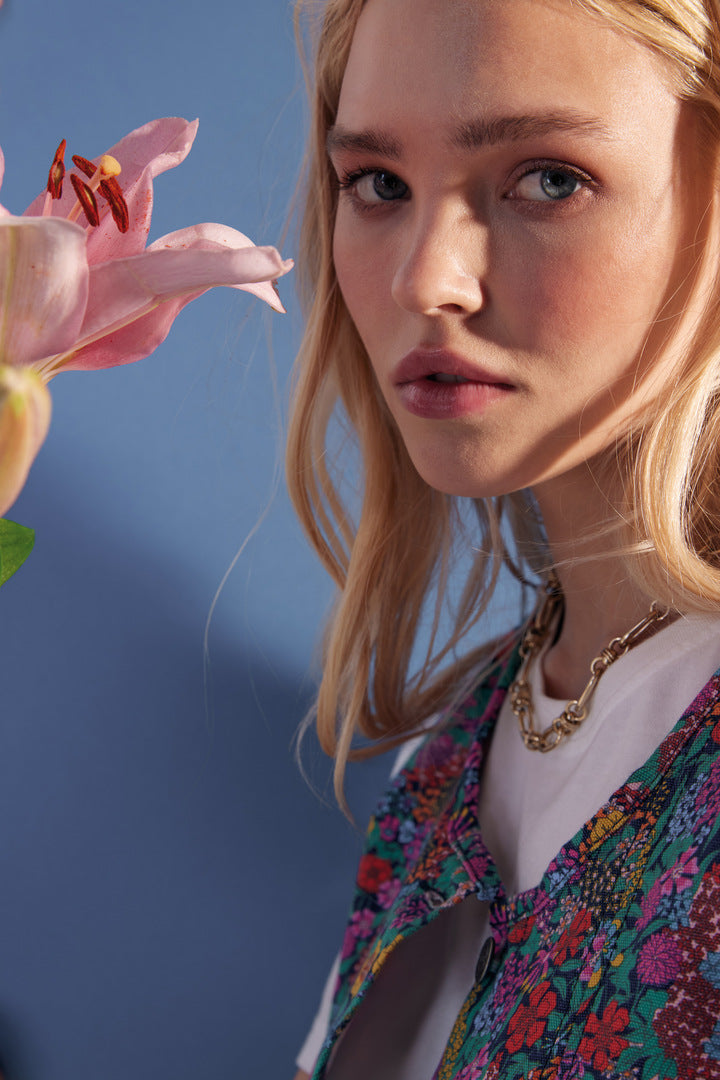 Mike vest in purple, yellow and pink Liberty fabric