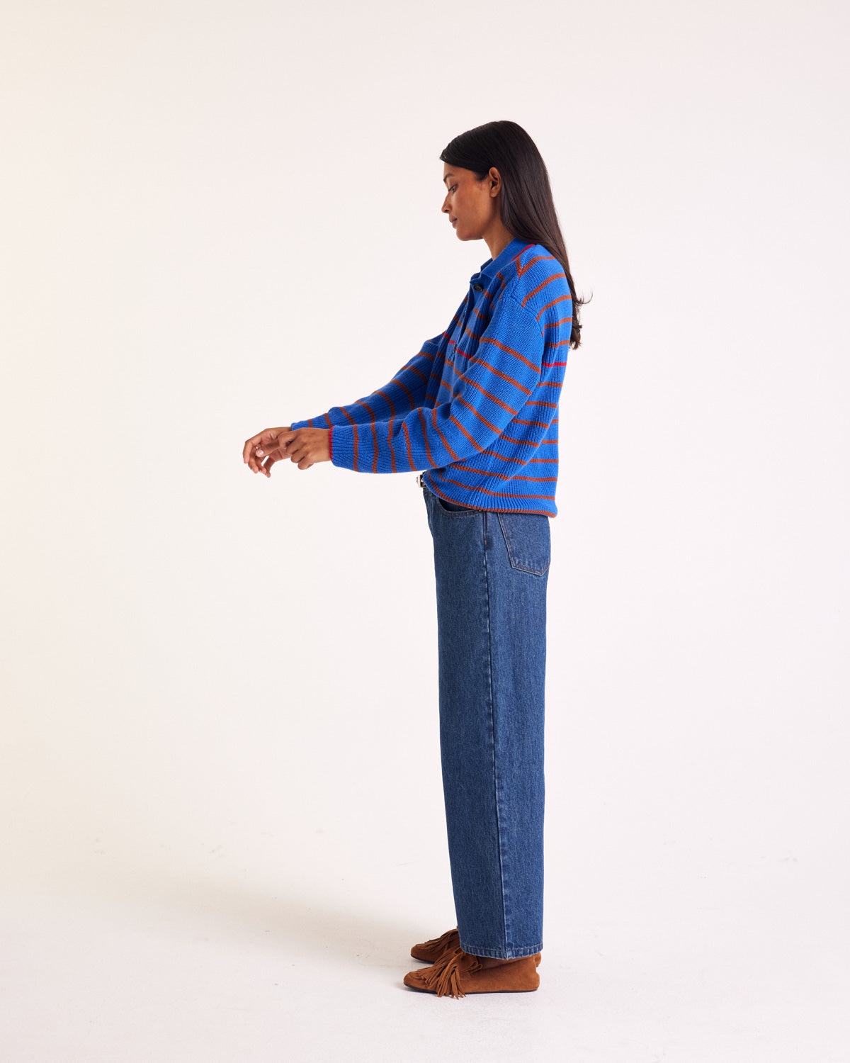 Gustave sweater with blue, cinnamon and red stripes