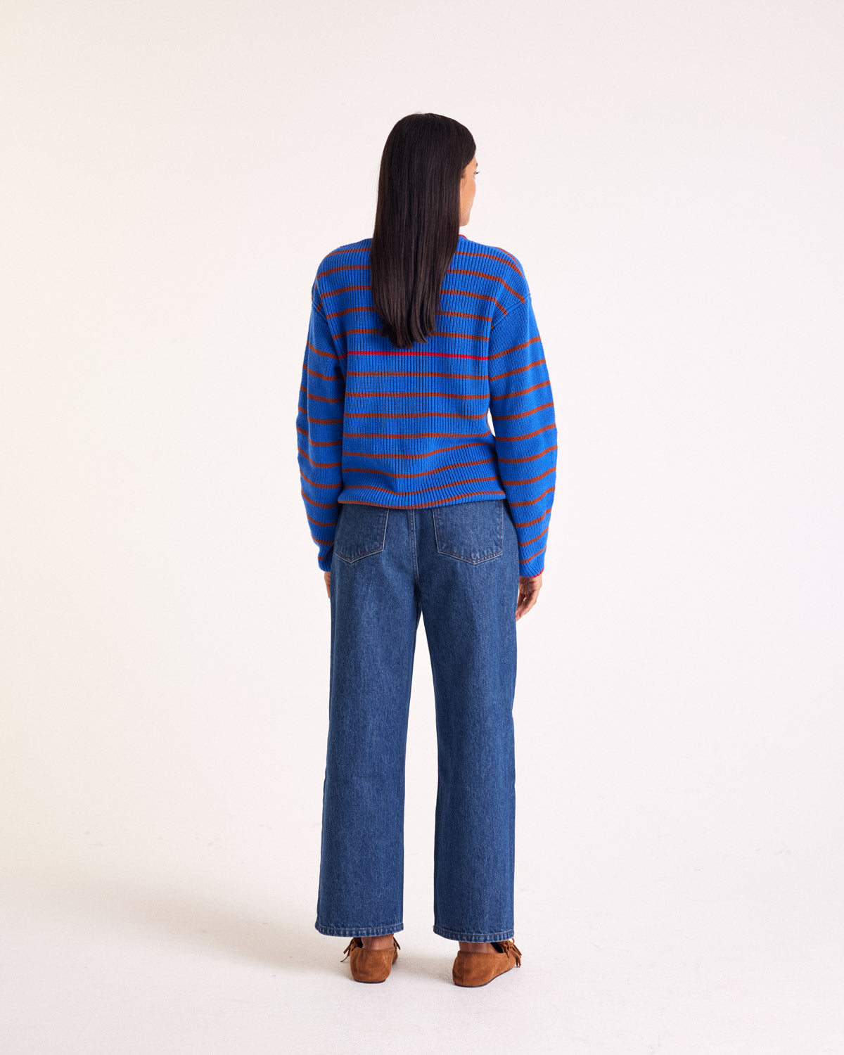 Gustave sweater with blue, cinnamon and red stripes