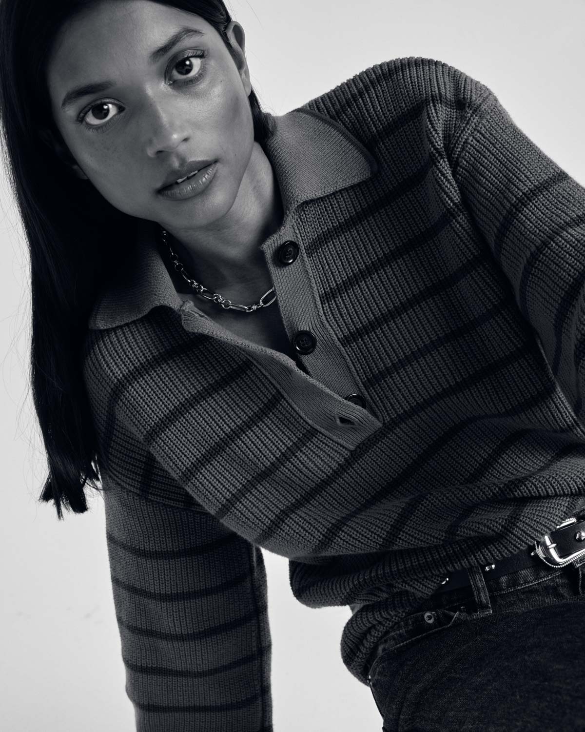 Gustave sweater with blue, cinnamon and red stripes