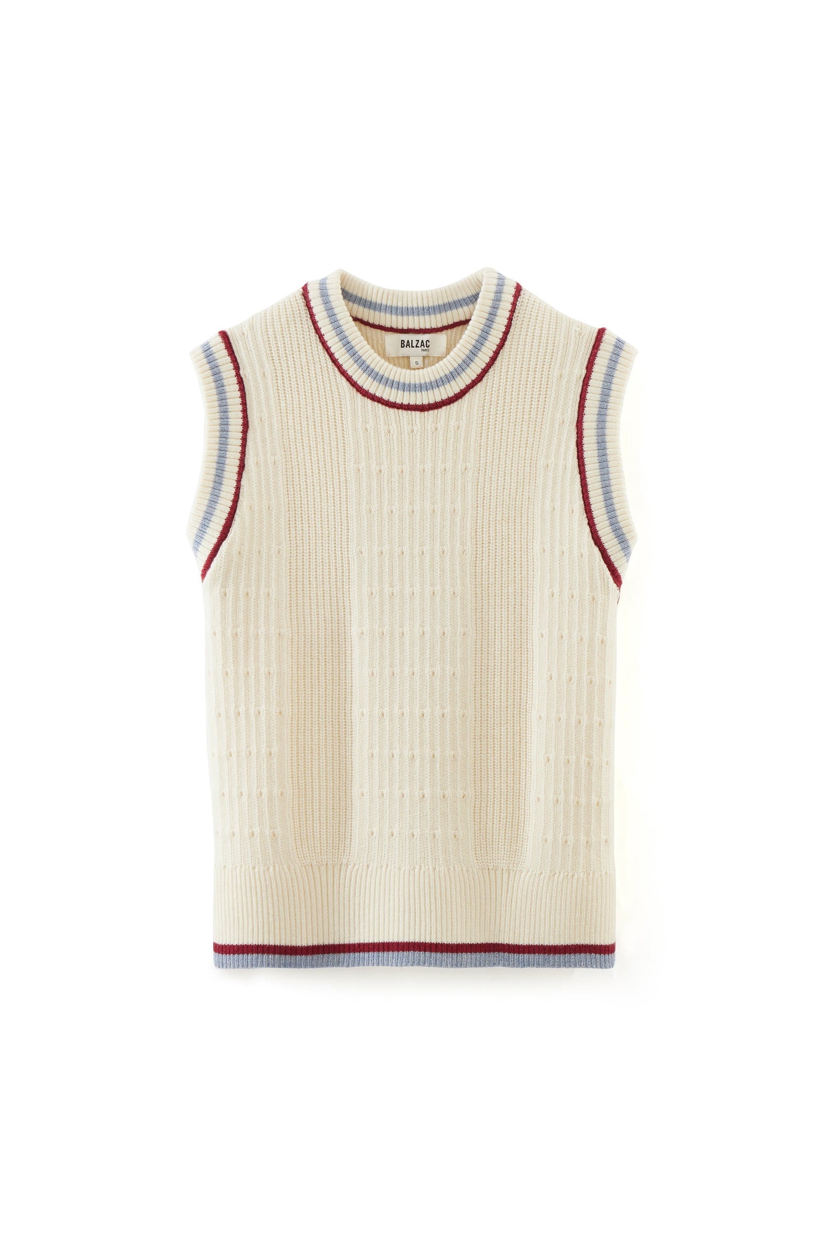 Ecru Pearl sweater with blue and red trim