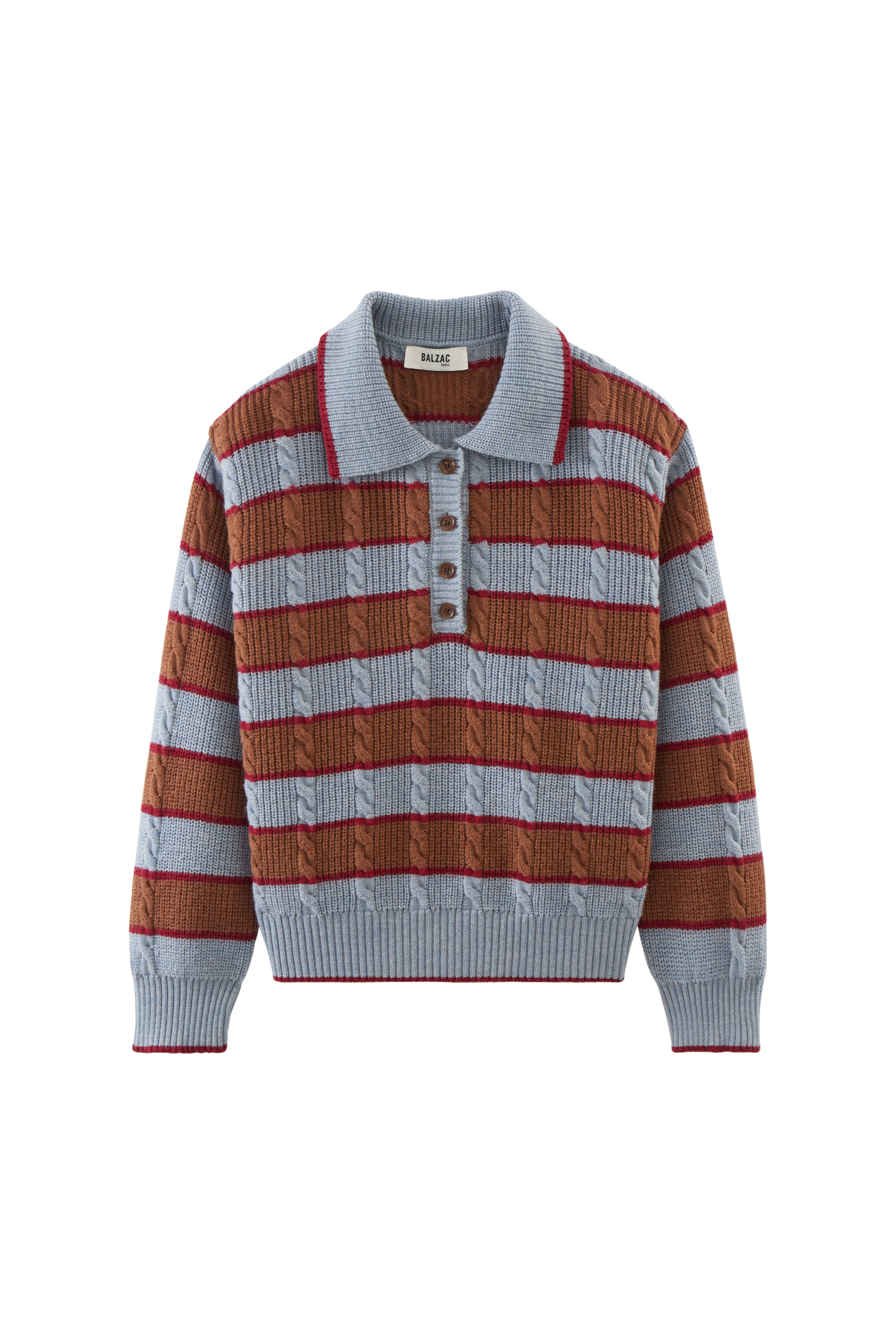 Isidore sweater with blue, cinnamon and burgundy stripes