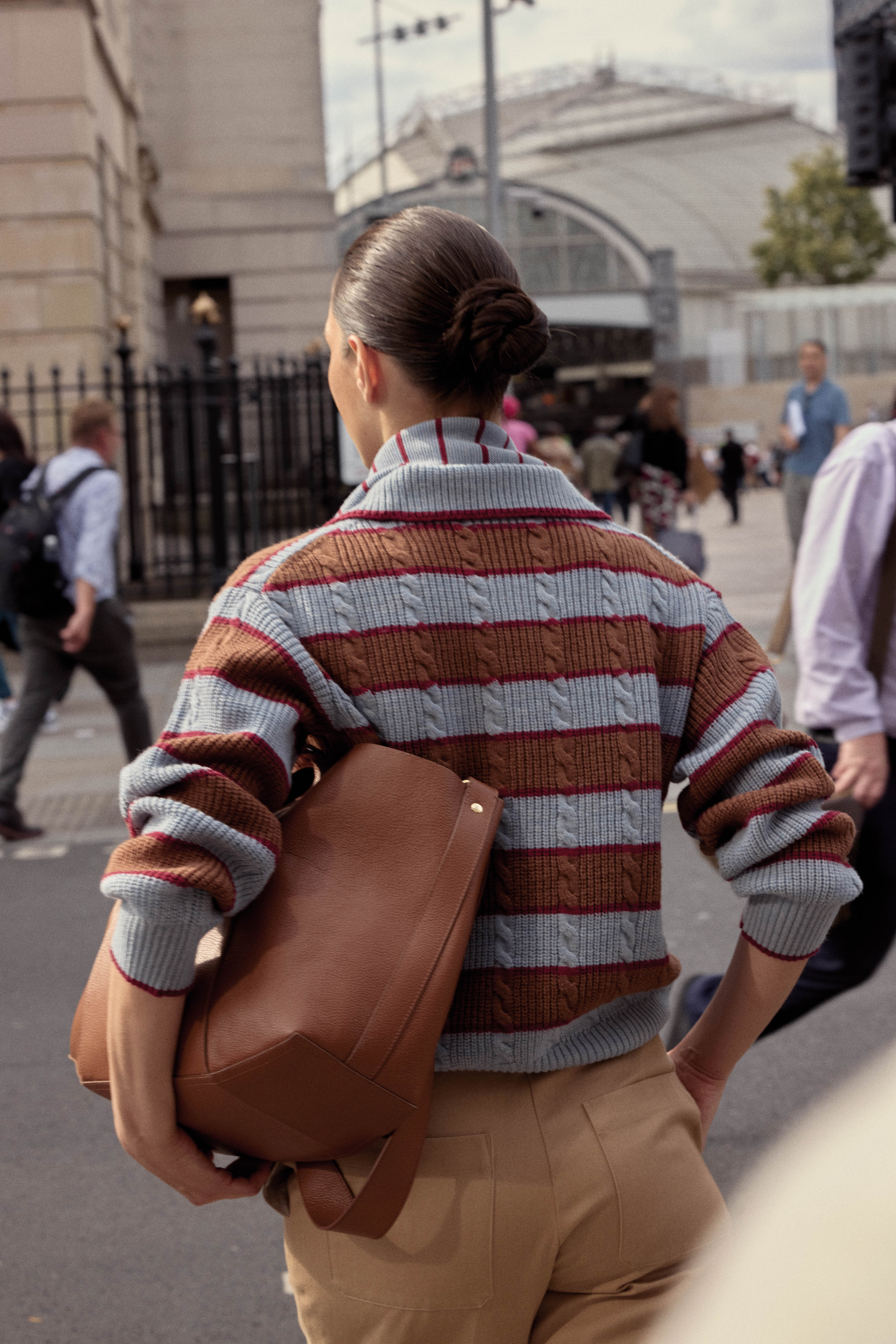 Isidore sweater with blue, cinnamon and burgundy stripes