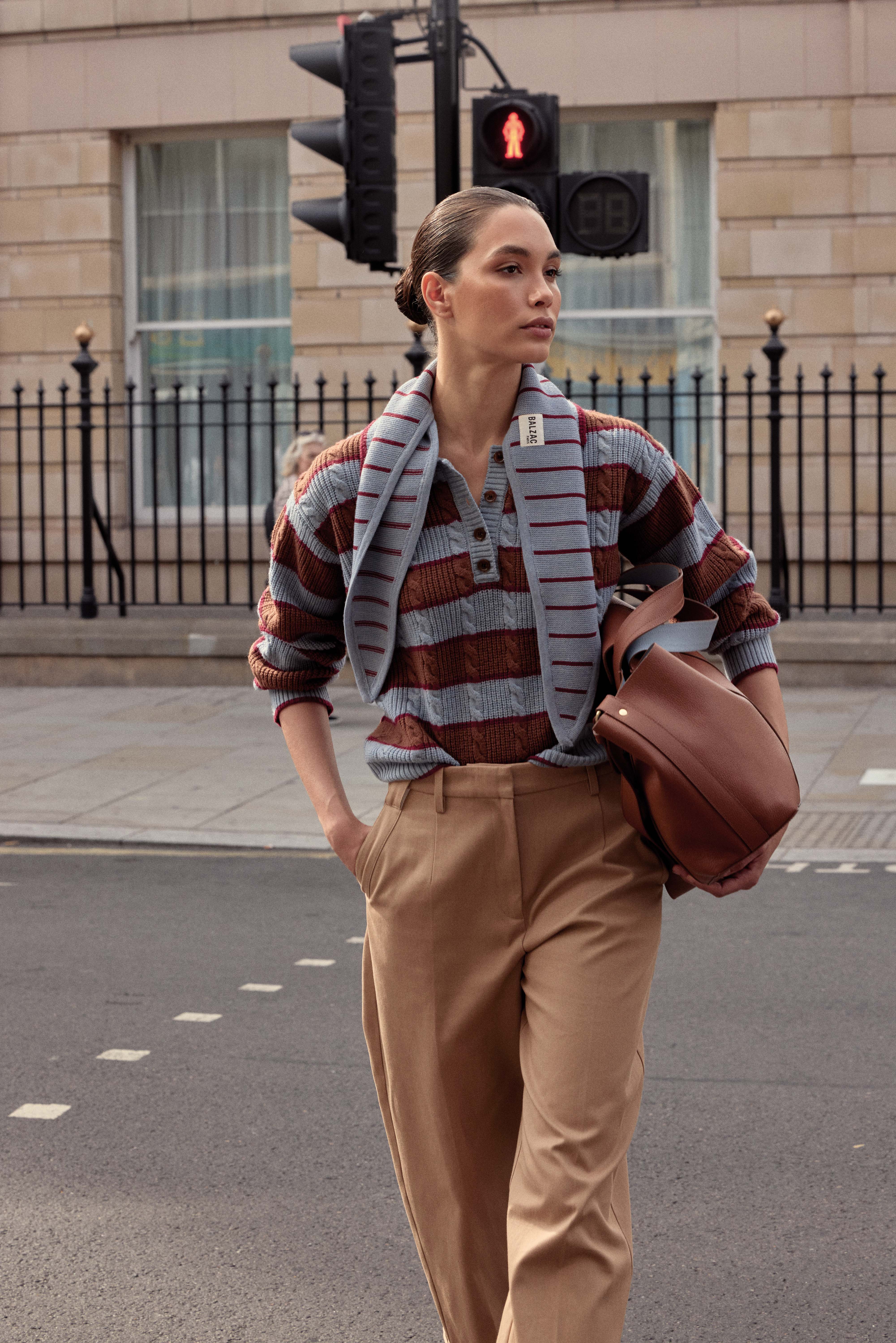 Isidore sweater with blue, cinnamon and burgundy stripes