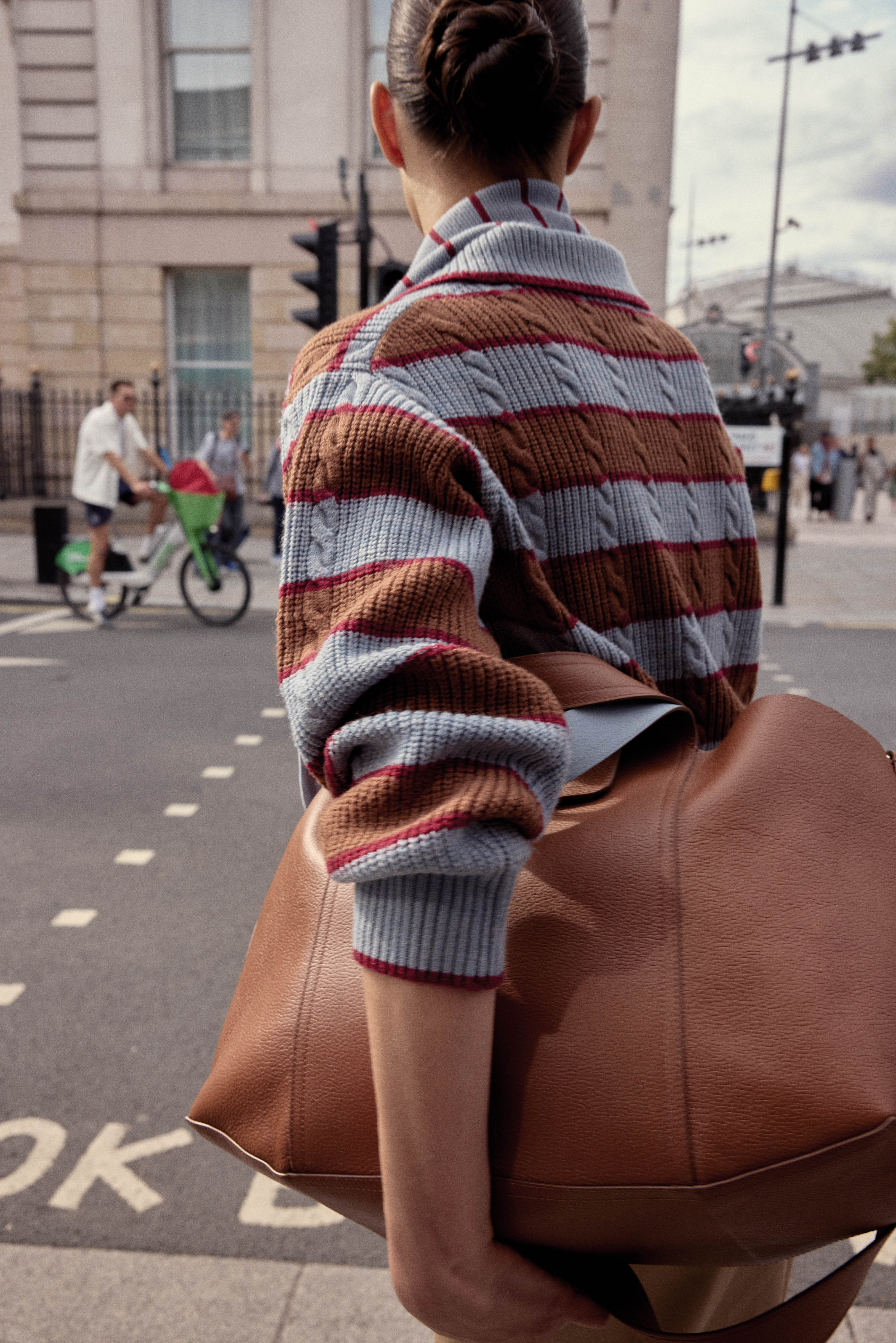Isidore sweater with blue, cinnamon and burgundy stripes