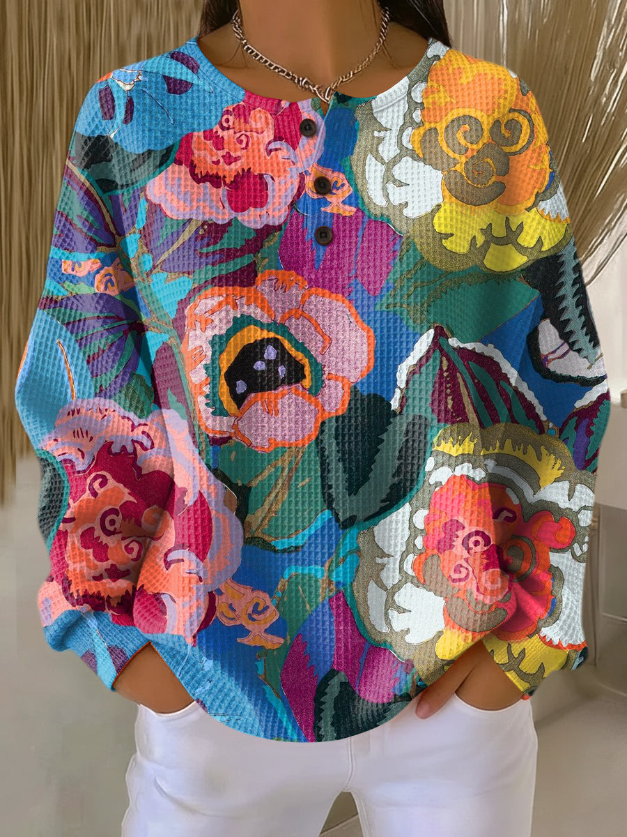 Aya | Haute Femme à Grandes Fleurs Colorées en Tissu Waffle Épais