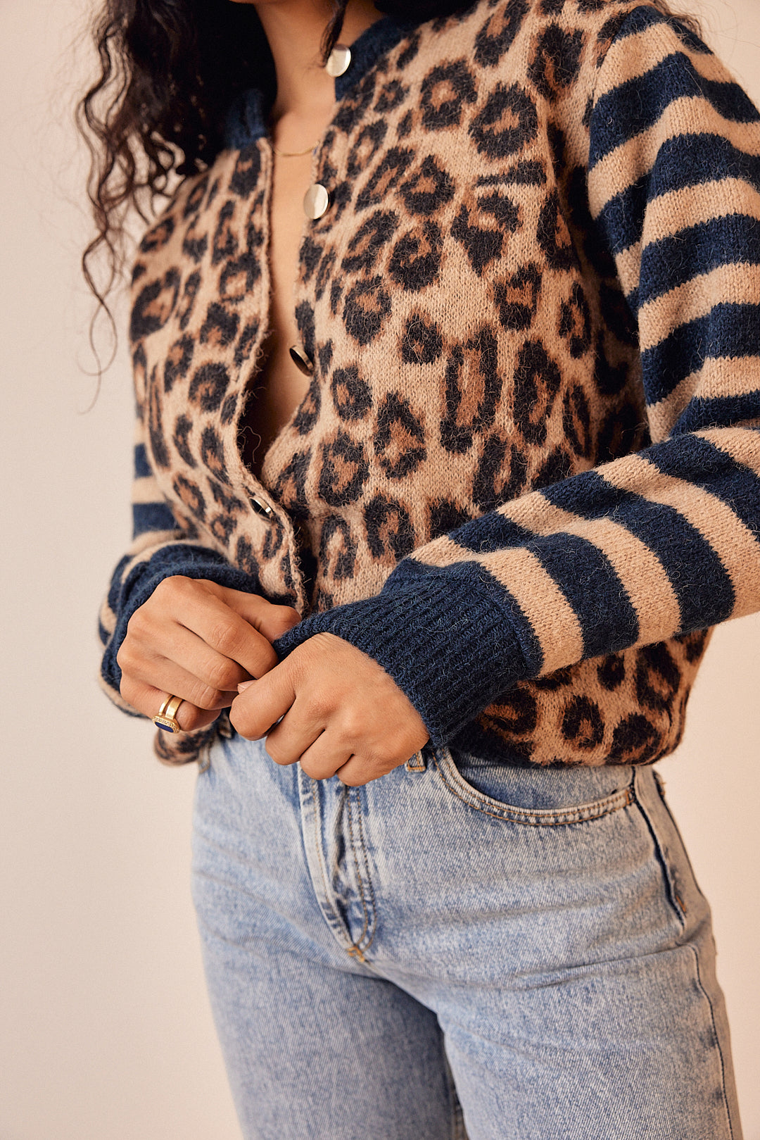 Blue and leopard striped Idole cardigan