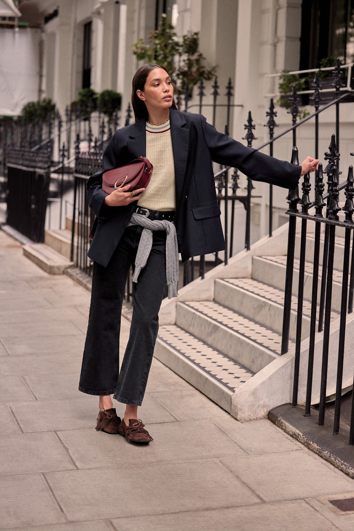 Ecru Pearl sweater with blue and red trim