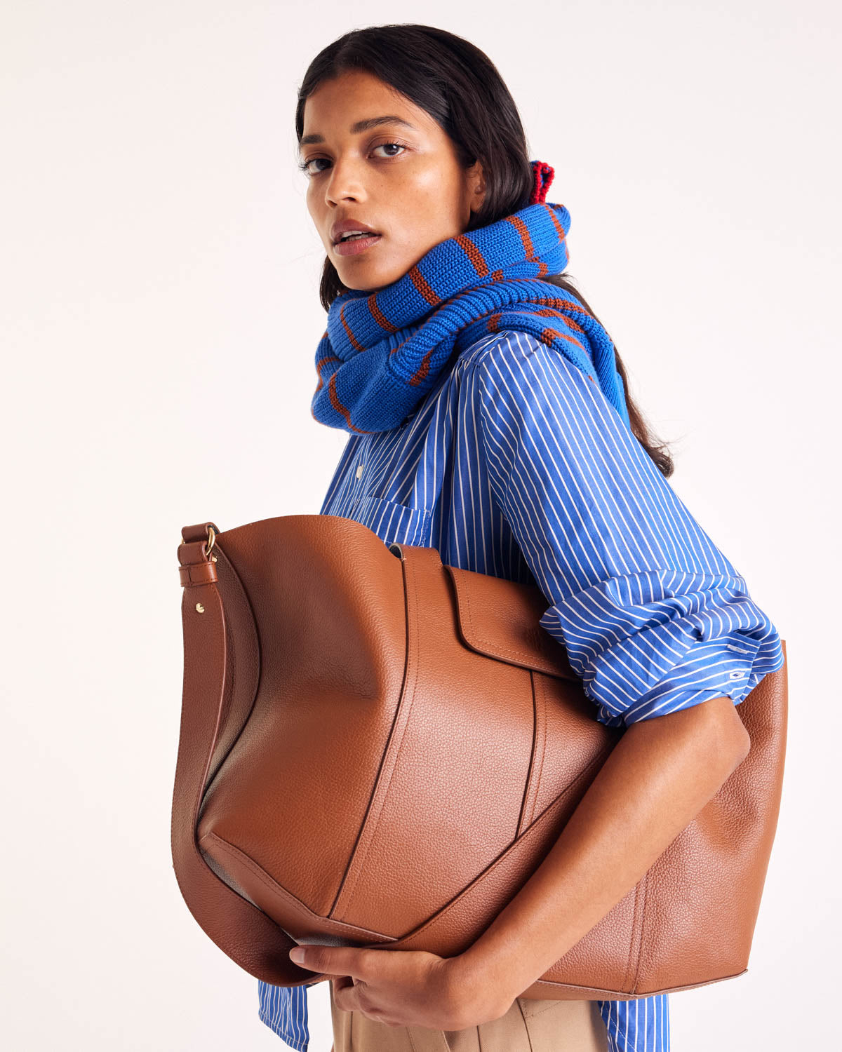 Gustave sweater with blue, cinnamon and red stripes