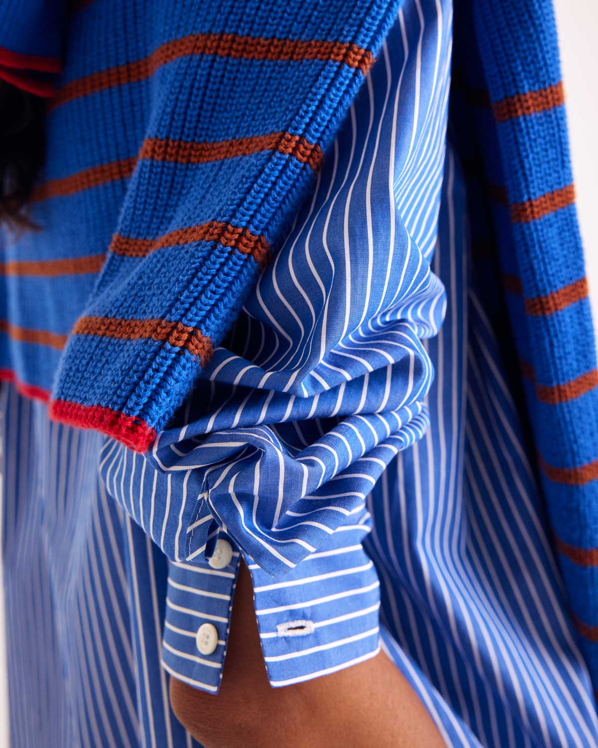 Gustave sweater with blue, cinnamon and red stripes
