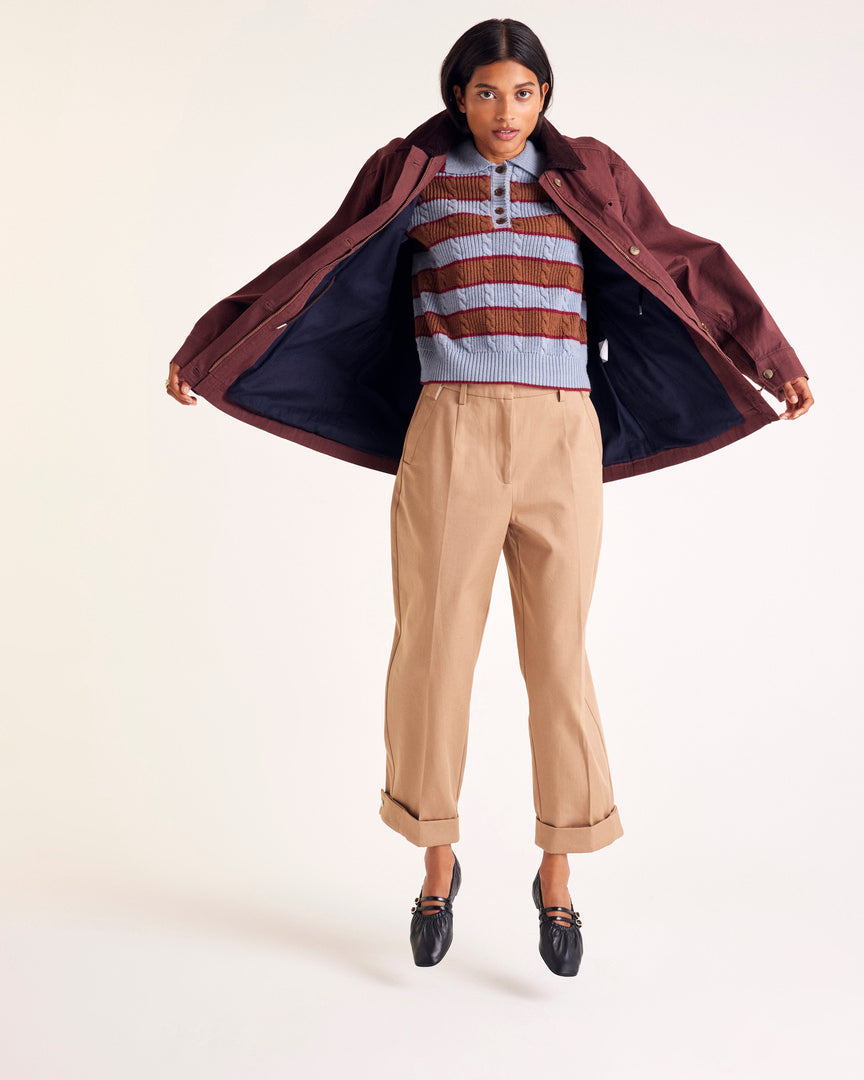 Isidore sweater with blue, cinnamon and burgundy stripes
