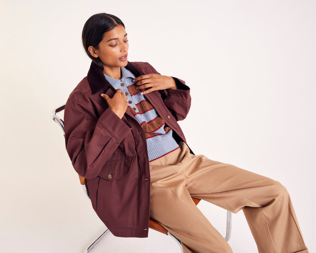 Isidore sweater with blue, cinnamon and burgundy stripes