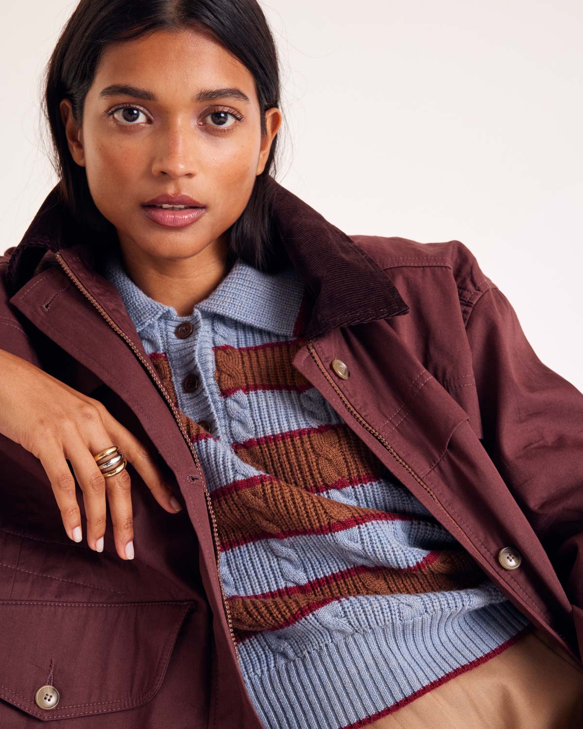 Isidore sweater with blue, cinnamon and burgundy stripes