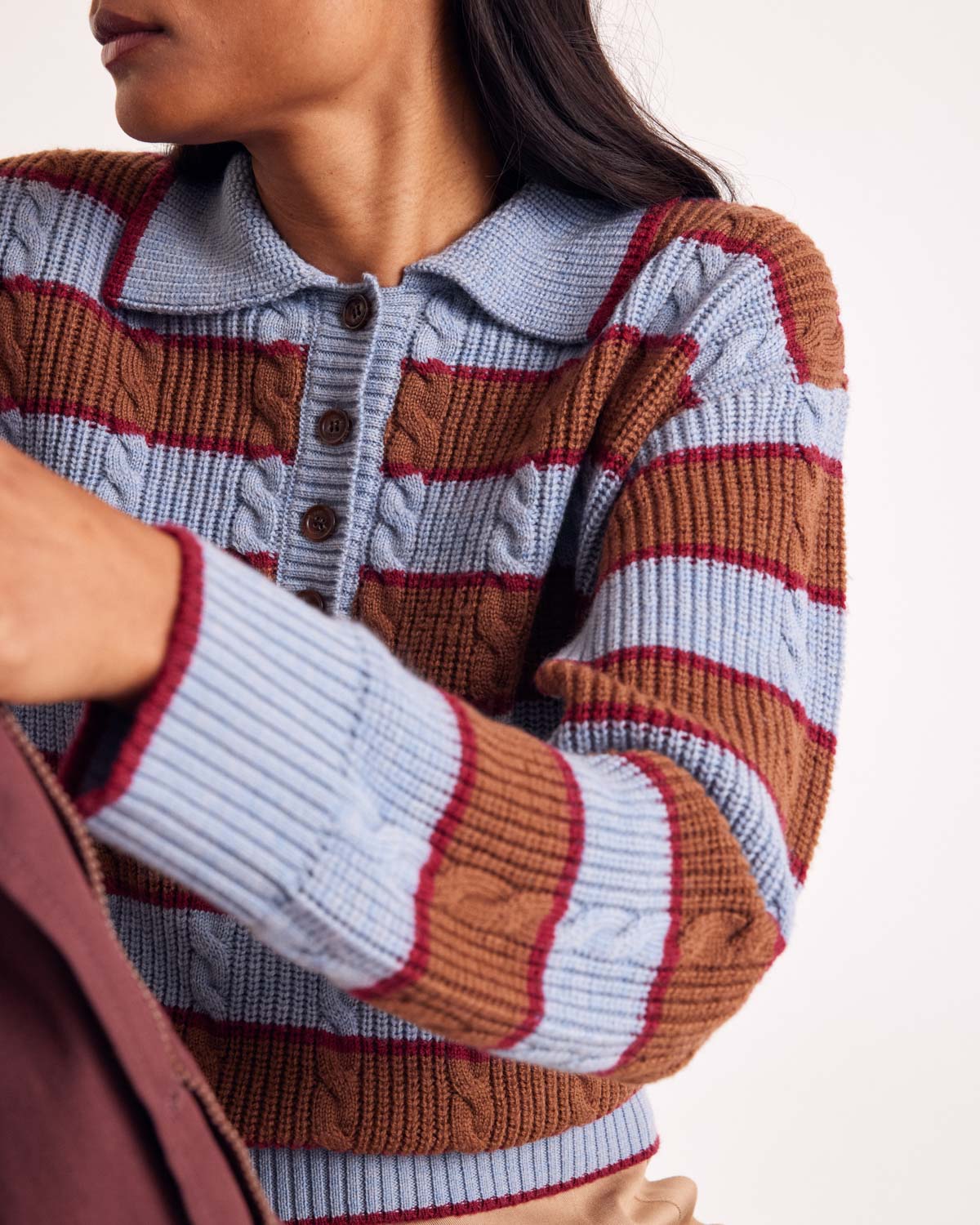 Isidore sweater with blue, cinnamon and burgundy stripes