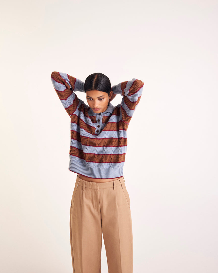 Isidore sweater with blue, cinnamon and burgundy stripes