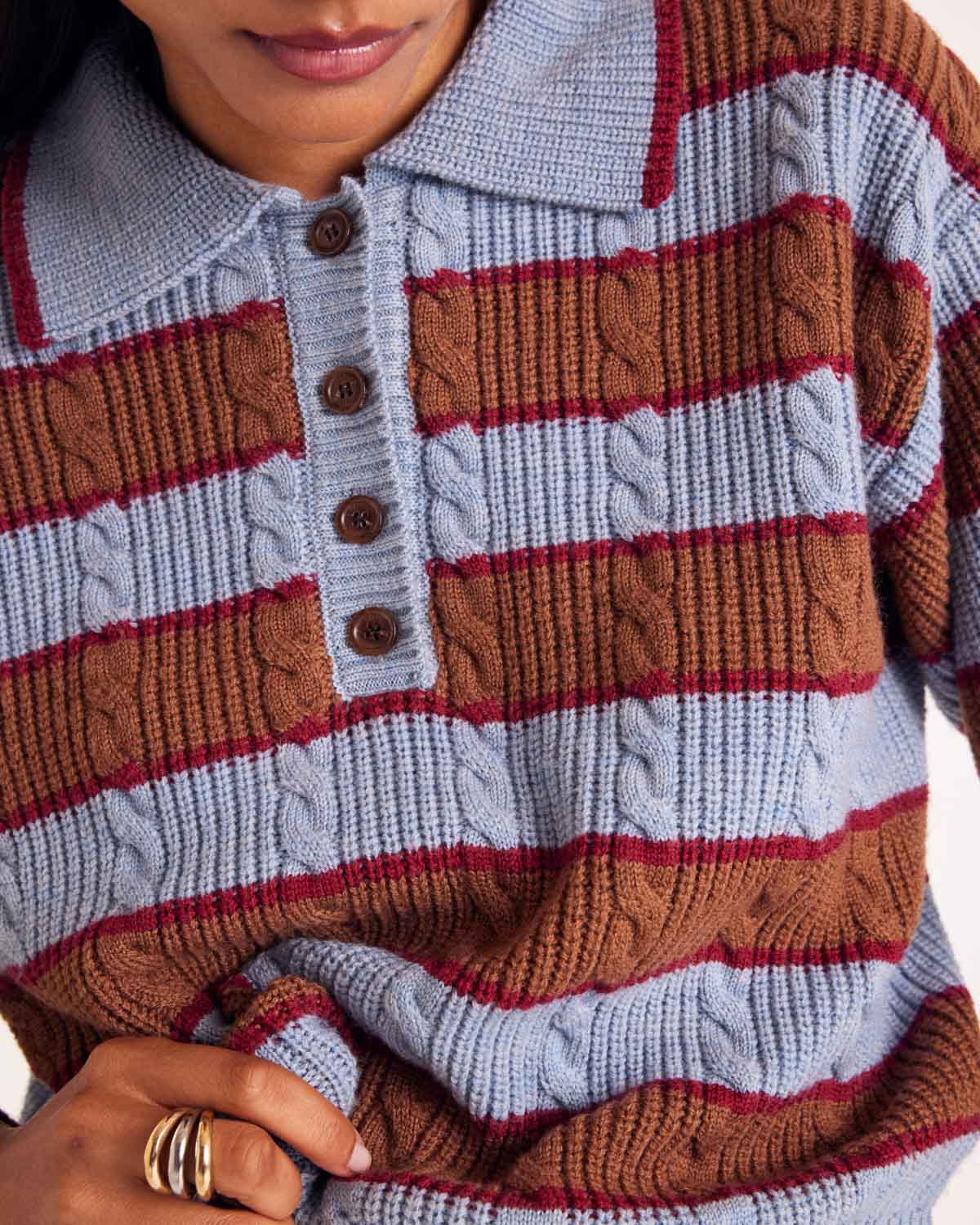 Isidore sweater with blue, cinnamon and burgundy stripes