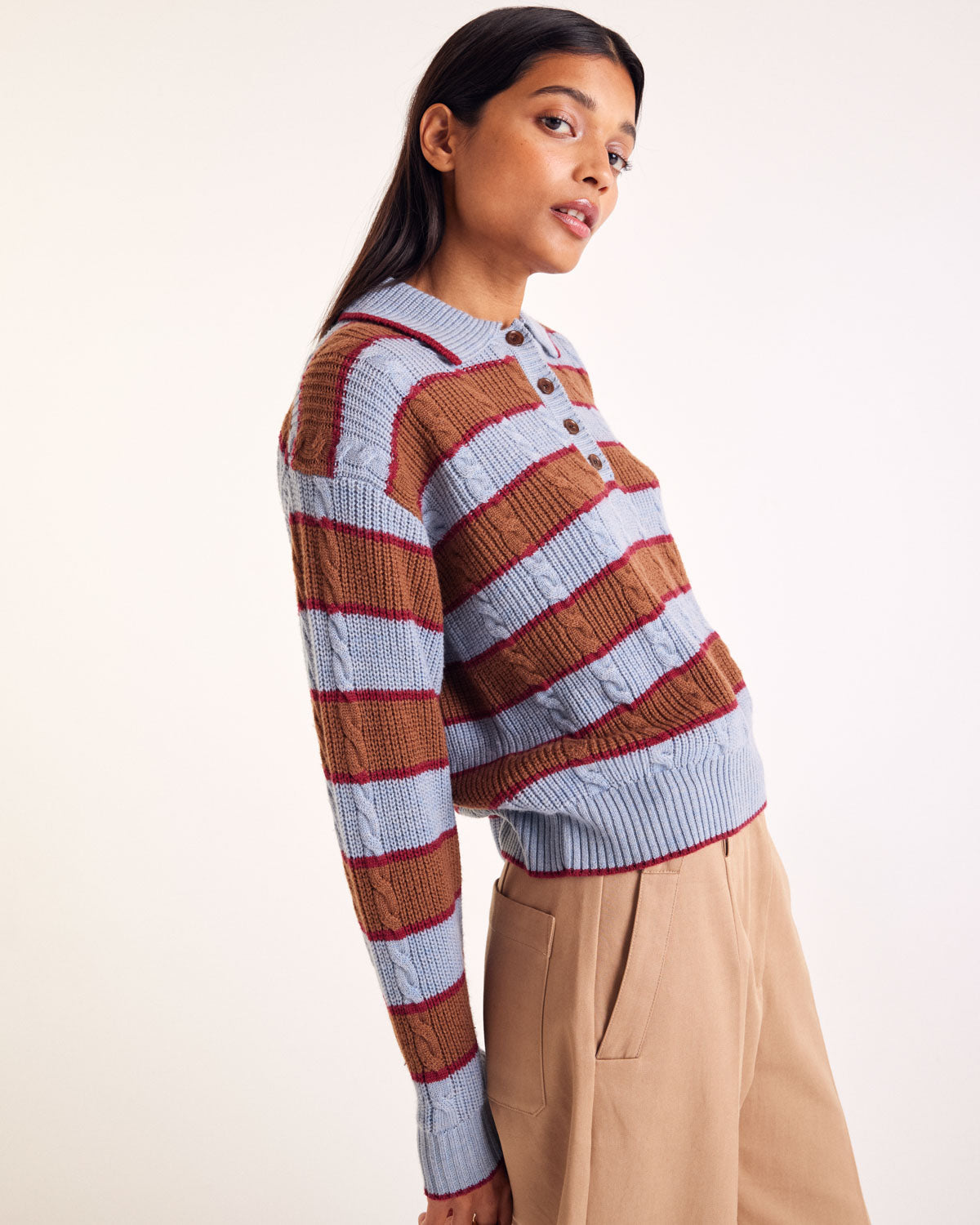 Isidore sweater with blue, cinnamon and burgundy stripes