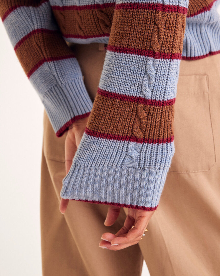 Isidore sweater with blue, cinnamon and burgundy stripes