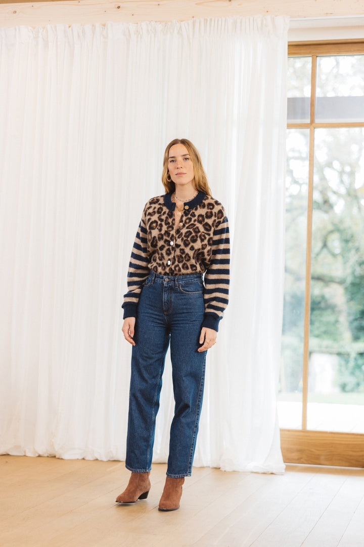 Blue and leopard striped Idole cardigan