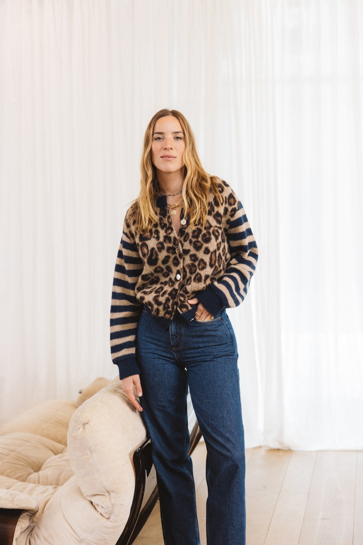 Blue and leopard striped Idole cardigan