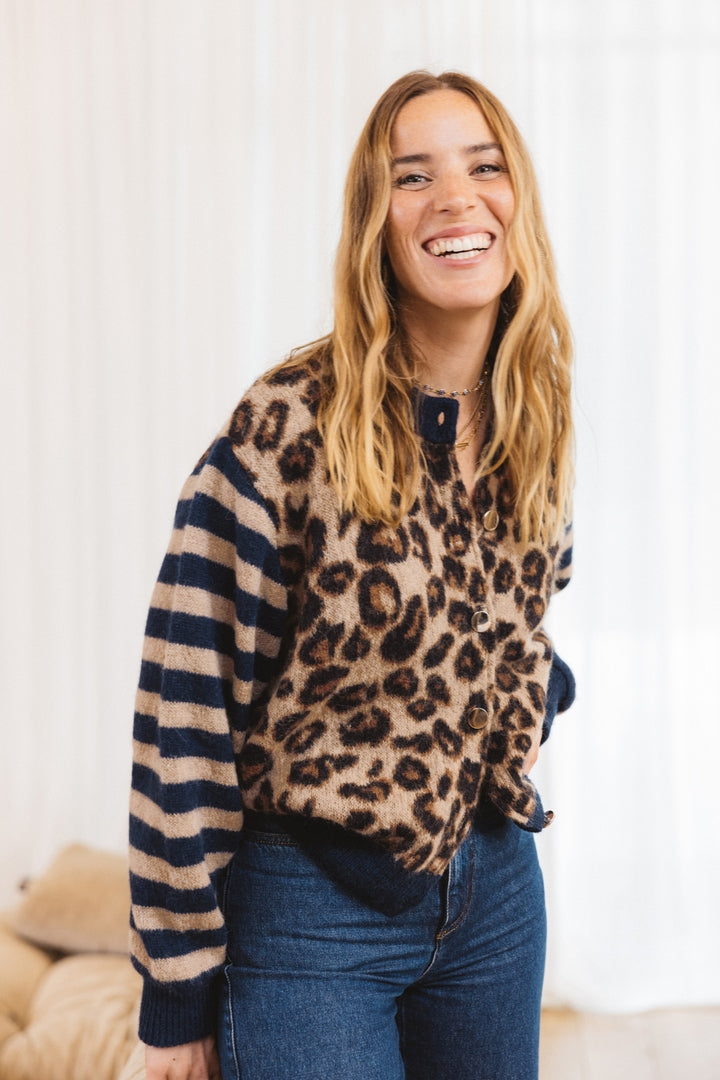 Blue and leopard striped Idole cardigan
