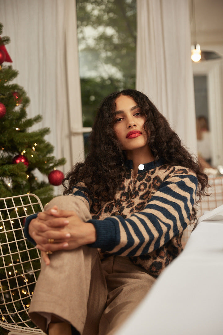 Blue and leopard striped Idole cardigan