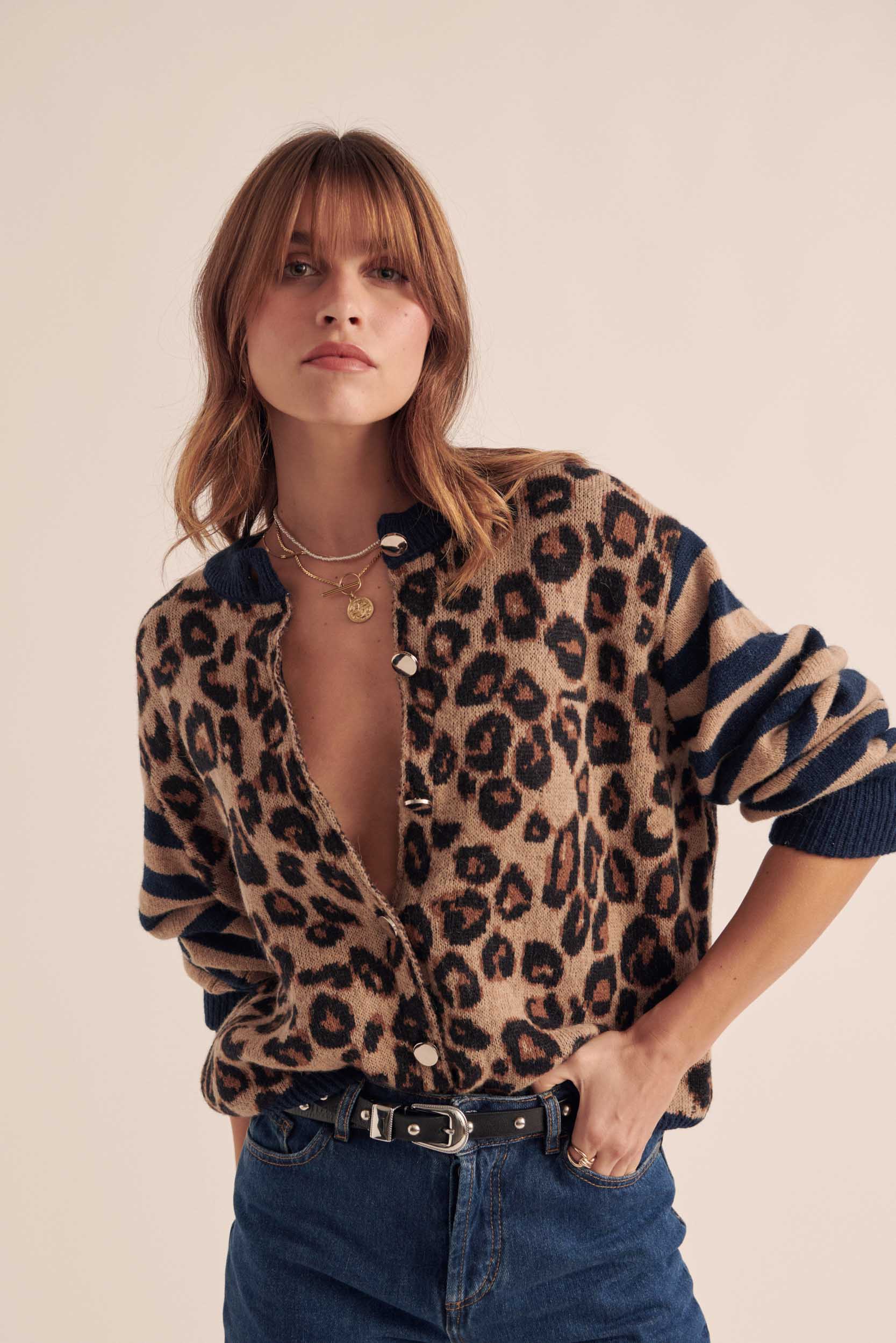 Blue and leopard striped Idole cardigan