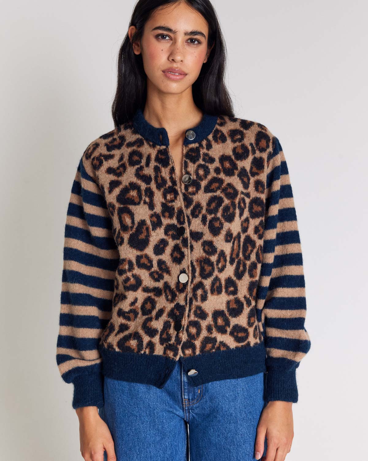 Blue and leopard striped Idole cardigan