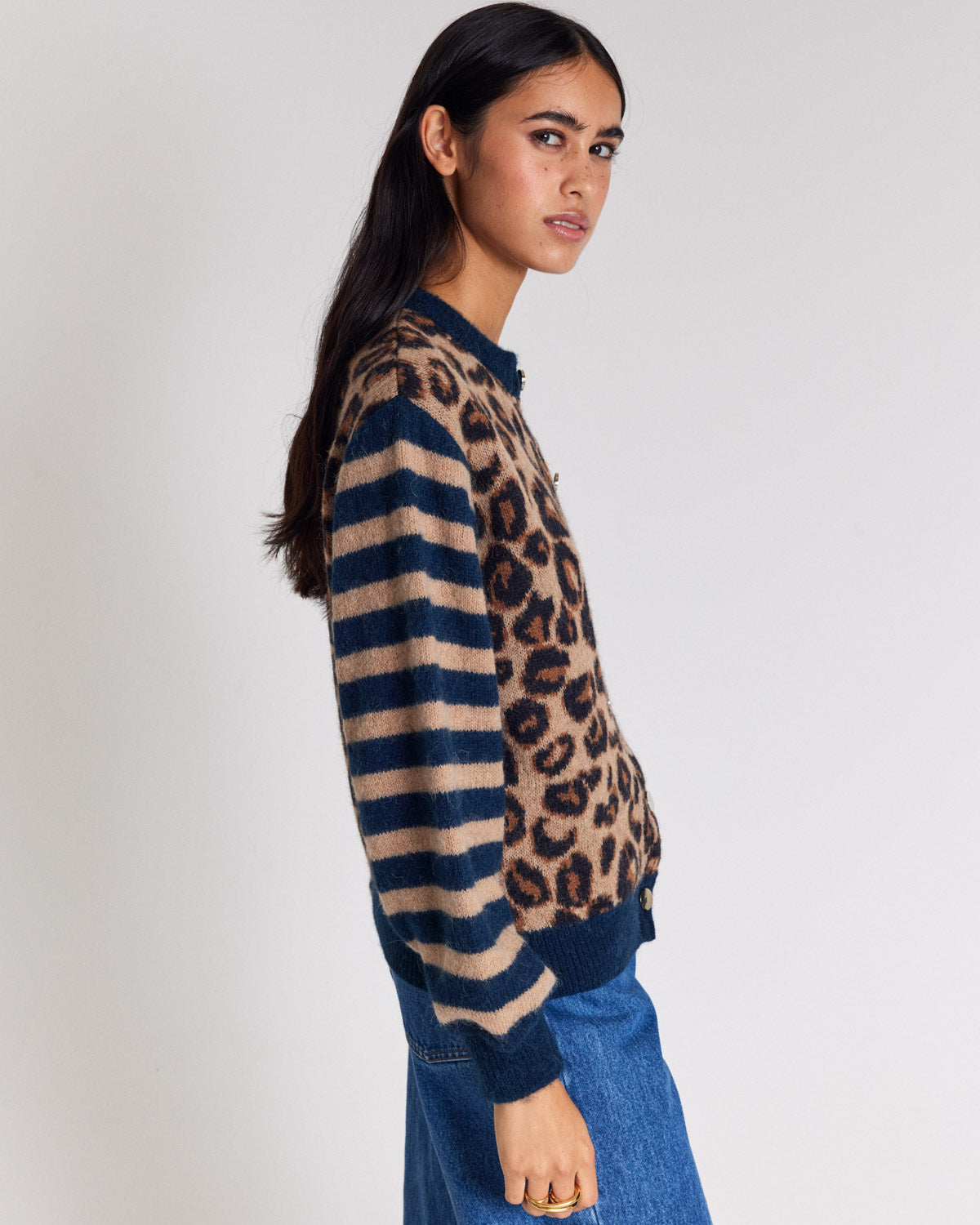 Blue and leopard striped Idole cardigan